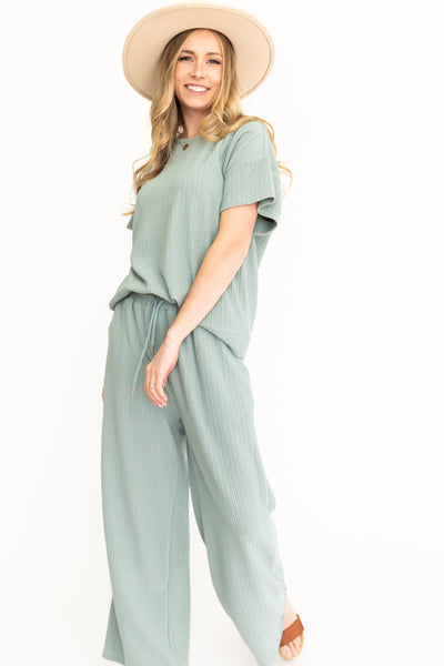 Dusty sage top and bottom with short sleeves