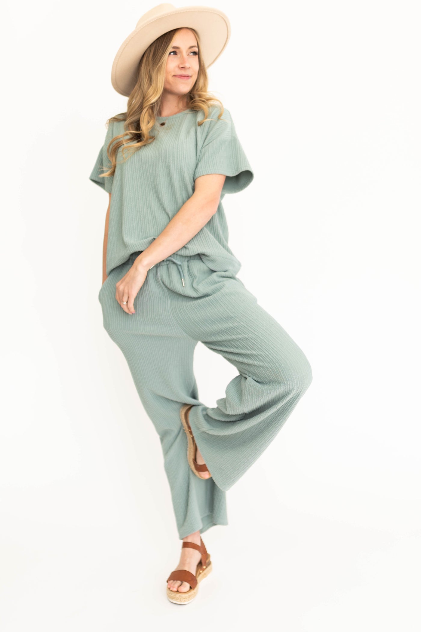 Short sleeve dusty sage top and bottom