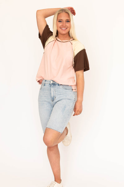 Blush knit top with brown and cream pattern