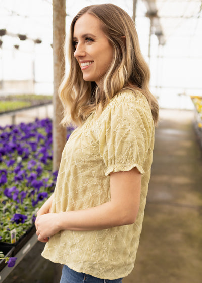 Short sleeve sage top with eyelet fabric
