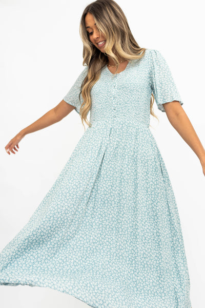 Sage floral dress with short sleeves