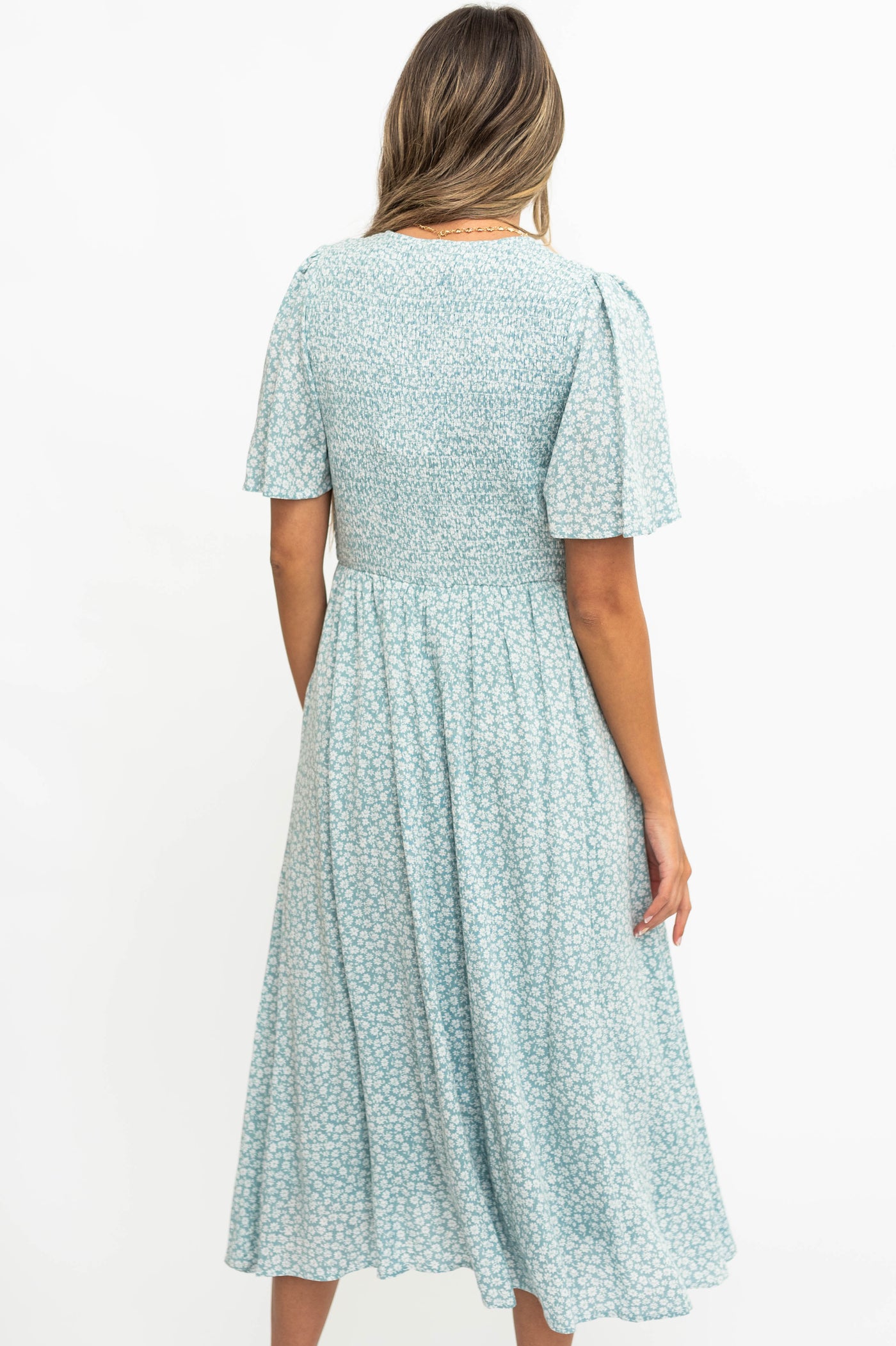 Back view of sage floral dress