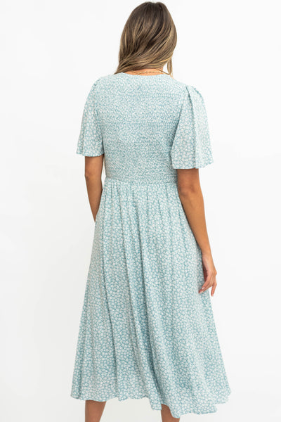 Back view of sage floral dress