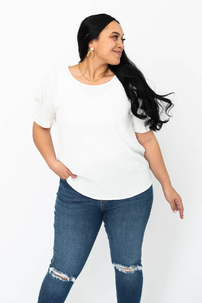Short sleeve large white top with elastic on the sleeve