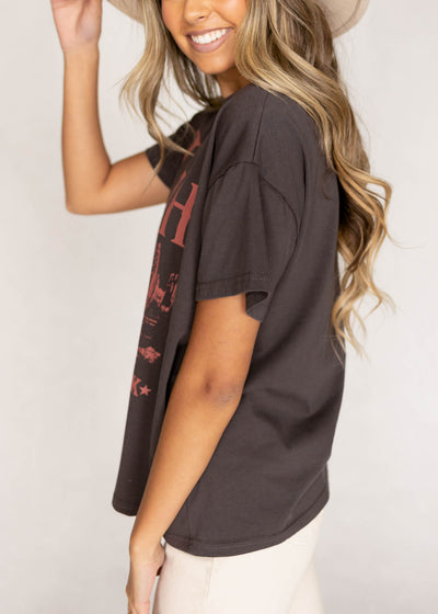 Side view of a Utah charcoal tee