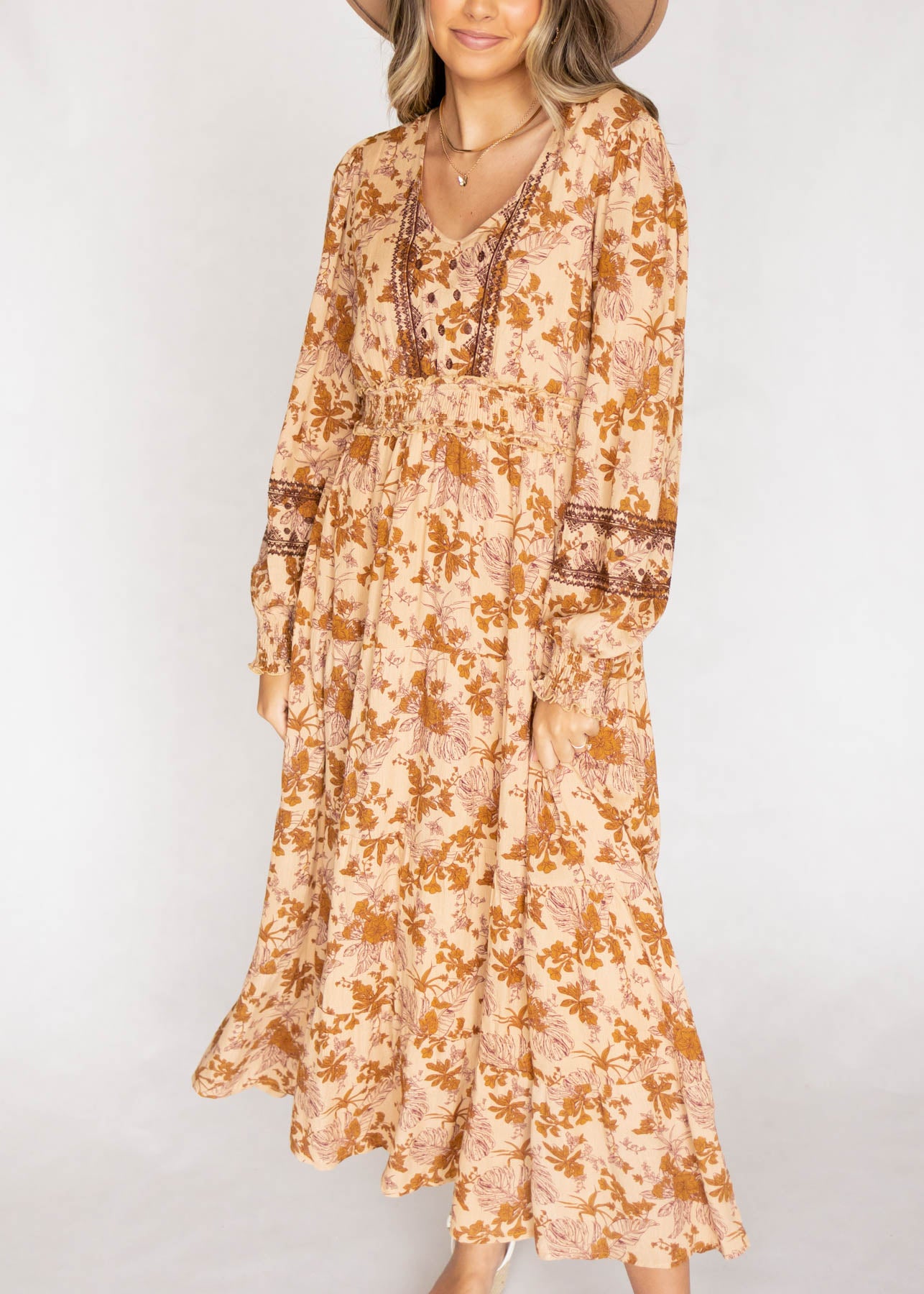 Long sleeve floral camel dress