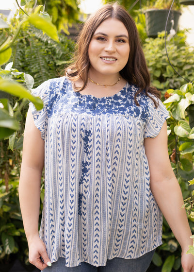 Plus size navy top with embroidery