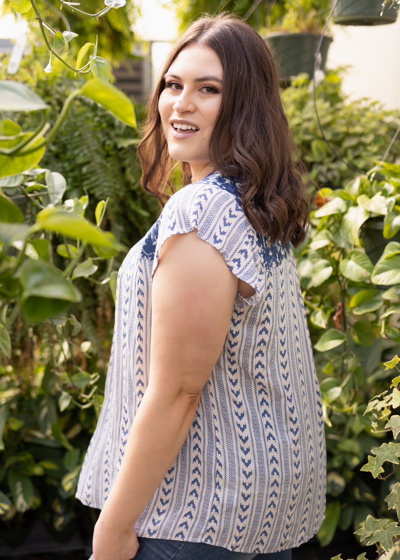 Plus size navy top with cap sleeve