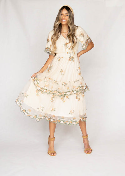 Short sleeve wild flower taupe dress