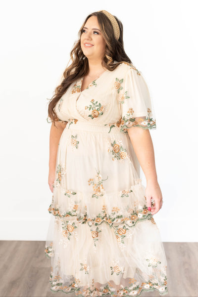 Short sleeve plus size flower taupe dress with a v-neck 