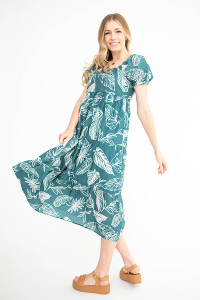 teal floral dress with short sleeves