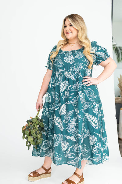 Plus size teal floral dress with short sleeves