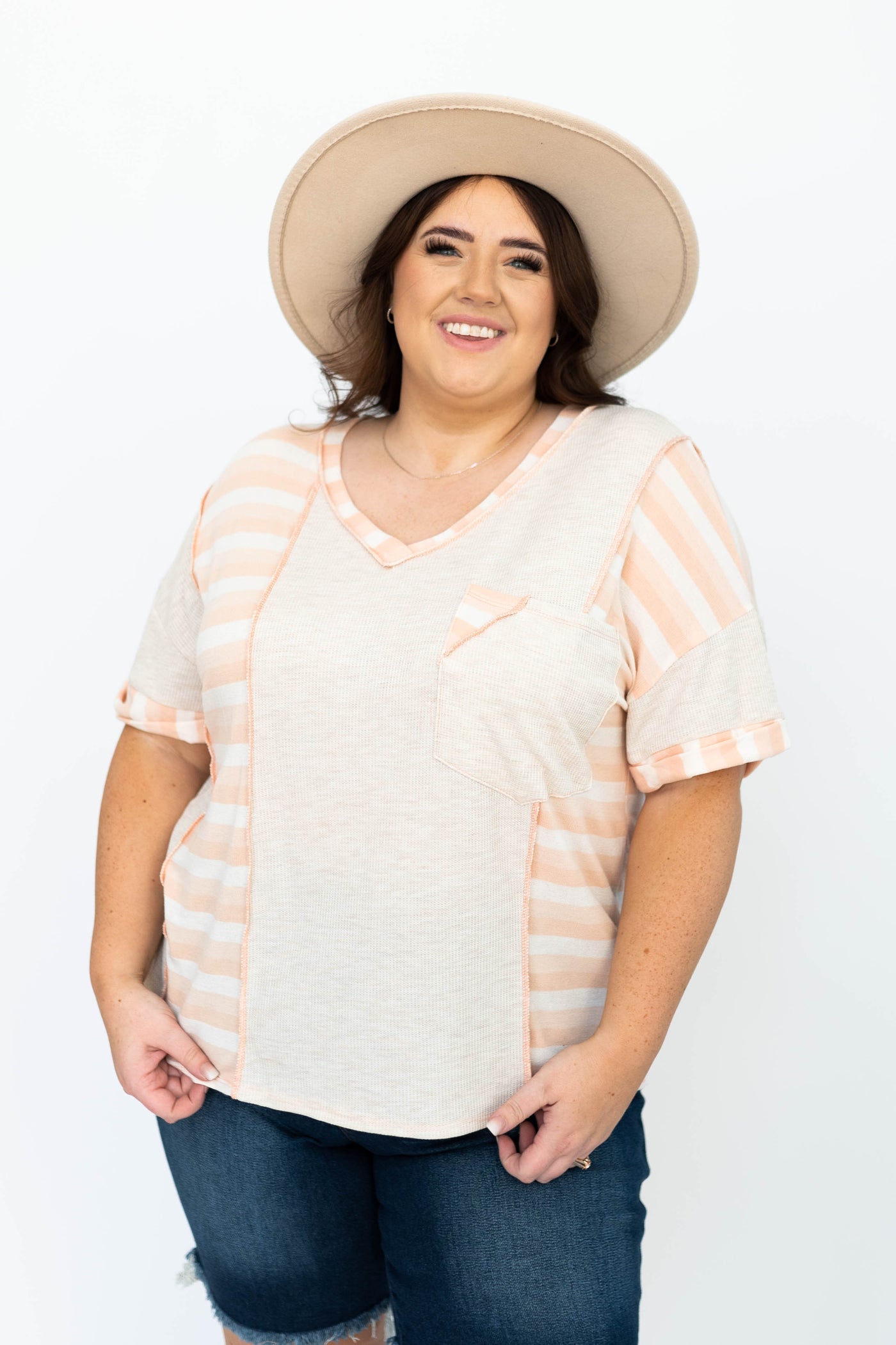 Plus size oatmeal top with peach stripe sides and short sleeves