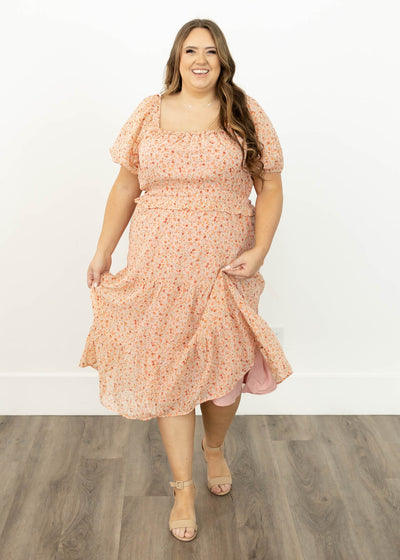 short sleeve salmon floral dress with elastic waist