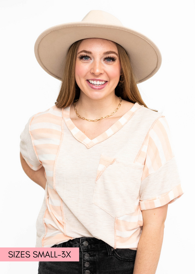 Short sleeve oatmeal top with peach stripe trim