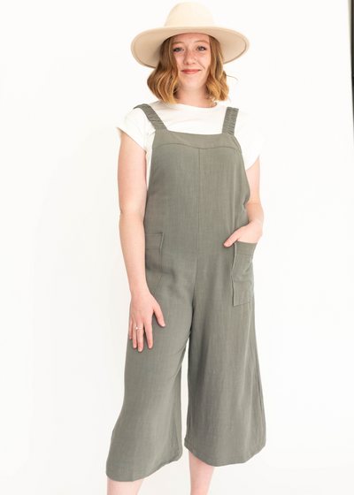 Olive green crop jumpsuit with pockets