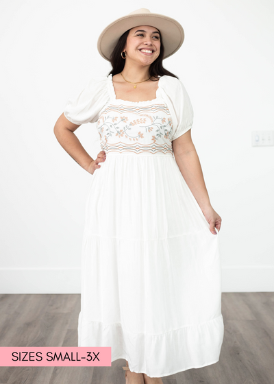 Short sleeve ivory dress with tiered skirt